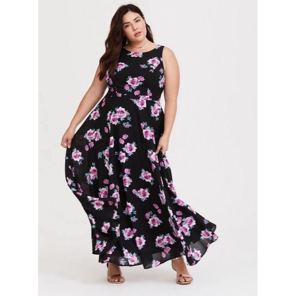 Torrid Black Pink Floral High Neck Georgette Maxi Dress Size 18 Sleeveless Lined